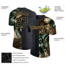 Load image into Gallery viewer, Custom Black Old Gold 3D Pattern Design Golden And Green Tropical Leaves In The Style Of Jungalow And Hawaii Performance T-Shirt
