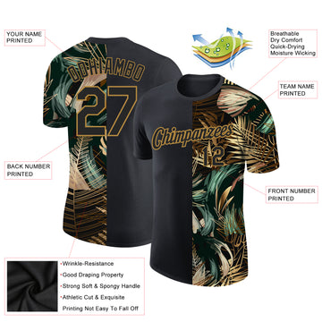 Custom Black Old Gold 3D Pattern Design Golden And Green Tropical Leaves In The Style Of Jungalow And Hawaii Performance T-Shirt