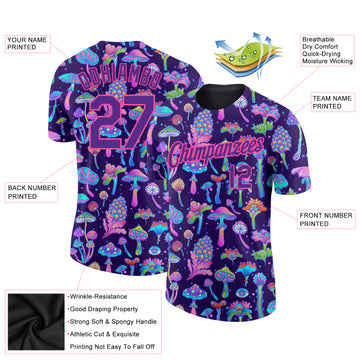 Custom Black Purple-Pink 3D Pattern Design Colorful Flowers And Mushrooms Psychedelic Hallucination Performance T-Shirt