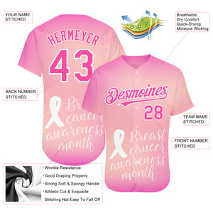 Custom Pink-White 3D Pink Ribbon Breast Cancer Awareness Month Women Health Care Support Authentic Baseball Jersey