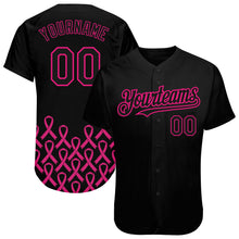 Load image into Gallery viewer, Custom Black Hot Pink 3D Pink Ribbon Breast Cancer Awareness Month Women Health Care Support Authentic Baseball Jersey
