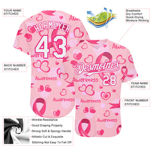 Custom Pink White-Hot Pink 3D Pink Ribbon Breast Cancer Awareness Month Women Health Care Support Authentic Baseball Jersey