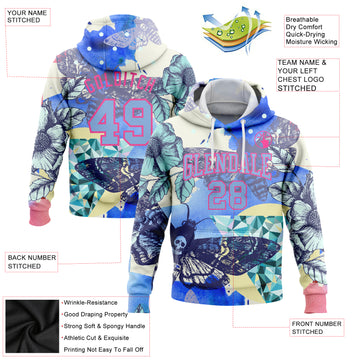 Custom Stitched White Light Blue-Pink 3D Skull Fashion Flower And Butterfly Sports Pullover Sweatshirt Hoodie