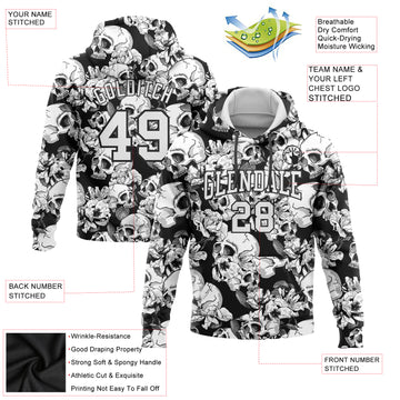 Custom Stitched Black White 3D Skull Fashion Flower Sports Pullover Sweatshirt Hoodie