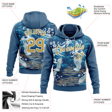 Custom Stitched Royal Old Gold-White 3D Pattern Design Crane And Cloud Sports Pullover Sweatshirt Hoodie