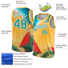 Load image into Gallery viewer, Custom Gold Teal-White 3D Pattern Tropical Beach Hawaii Palm Trees Authentic Basketball Jersey
