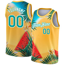 Load image into Gallery viewer, Custom Gold Teal-White 3D Pattern Tropical Beach Hawaii Palm Trees Authentic Basketball Jersey
