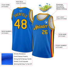 Load image into Gallery viewer, Custom Blue Gold-Black Side Stripes Authentic City Edition Basketball Jersey
