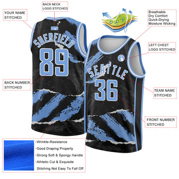 Custom Black Light Blue-White 3D Pattern Design Torn Paper Style Authentic Basketball Jersey