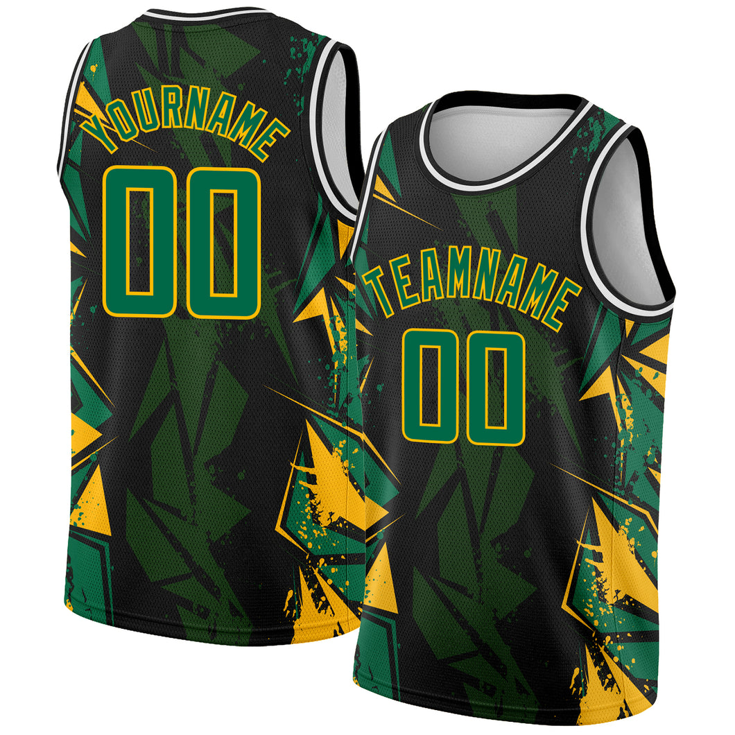 Custom Black Kelly Green-Gold 3D Pattern Design Geometric Shapes Authentic Basketball Jersey