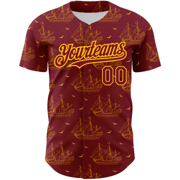 Custom Crimson Gold 3D Pattern Design Ship Frigate With Seagulls Authentic Baseball Jersey