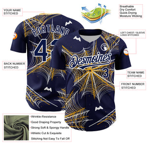 Custom Navy Gold-White 3D Pattern Design Spider Web Authentic Baseball Jersey