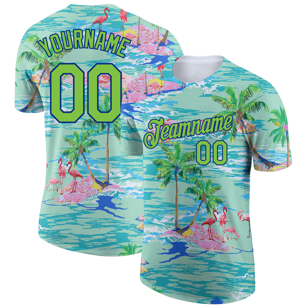 Custom Lakes Blue Neon Green-Navy 3D Pattern Design Beach Hawaii Palm Trees And Flamingo Performance T-Shirt