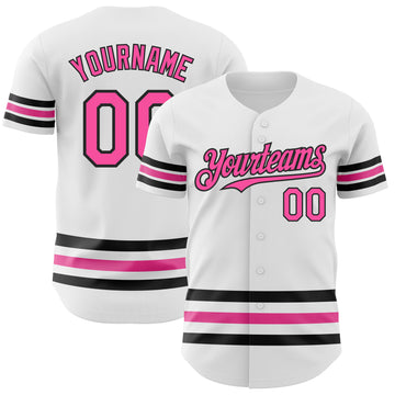 Custom White Pink-Black Line Authentic Baseball Jersey