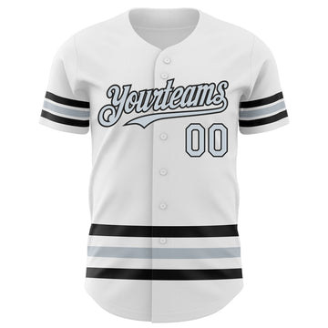 Custom White Silver-Black Line Authentic Baseball Jersey