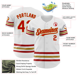 Custom White Red-Old Gold Line Authentic Baseball Jersey