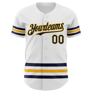 Custom White Navy-Gold Line Authentic Baseball Jersey
