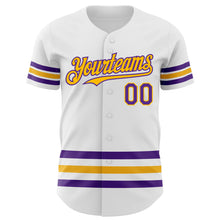 Load image into Gallery viewer, Custom White Purple-Gold Line Authentic Baseball Jersey
