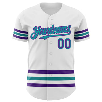 Custom White Purple-Teal Line Authentic Baseball Jersey