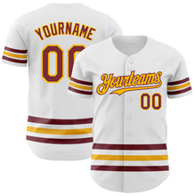 Load image into Gallery viewer, Custom White Burgundy-Gold Line Authentic Baseball Jersey
