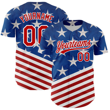Custom Royal Red-White 3D American Flag Patriotic Authentic Baseball Jersey