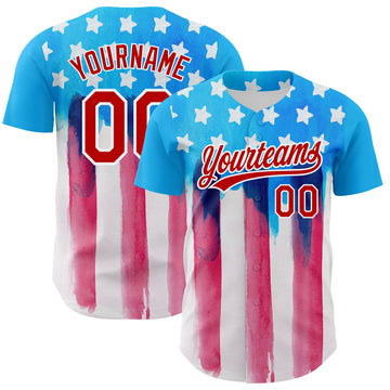 Custom Electric Blue Red-White 3D American Flag Patriotic Authentic Baseball Jersey