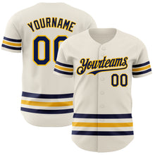 Load image into Gallery viewer, Custom Cream Navy-Gold Line Authentic Baseball Jersey
