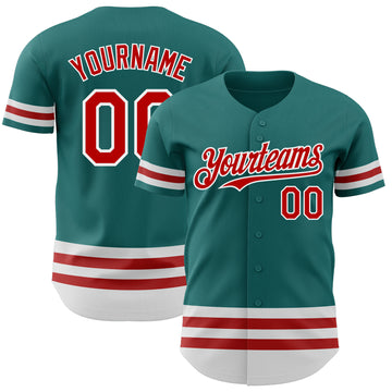 Custom Teal Red-White Line Authentic Baseball Jersey
