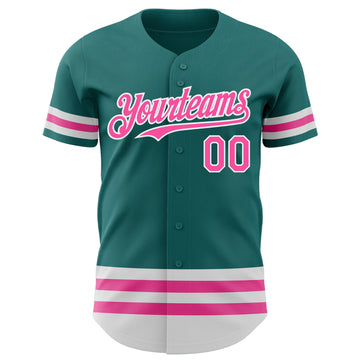 Custom Teal Pink-White Line Authentic Baseball Jersey