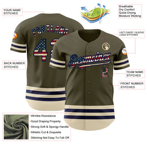 Custom Olive Vintage USA Flag Navy-Cream Line Authentic Salute To Service Baseball Jersey