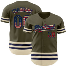 Load image into Gallery viewer, Custom Olive Vintage USA Flag Navy-Cream Line Authentic Salute To Service Baseball Jersey
