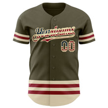 Load image into Gallery viewer, Custom Olive Vintage USA Flag Cream-Maroon Line Authentic Salute To Service Baseball Jersey
