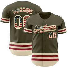 Load image into Gallery viewer, Custom Olive Vintage USA Flag Cream-Maroon Line Authentic Salute To Service Baseball Jersey
