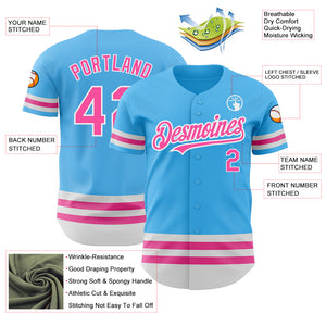 Custom Sky Blue Pink-White Line Authentic Baseball Jersey