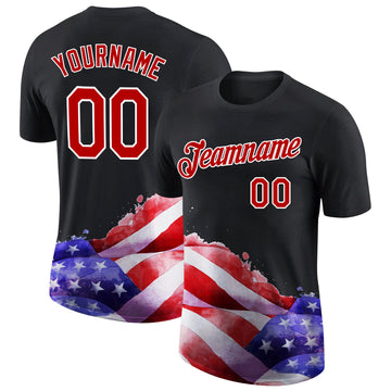 Custom Black Red-White 3D American Flag Patriotic Performance T-Shirt
