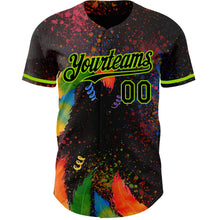 Load image into Gallery viewer, Custom Black Neon Green 3D Pattern Design Holi Festival Color Powder Authentic Baseball Jersey
