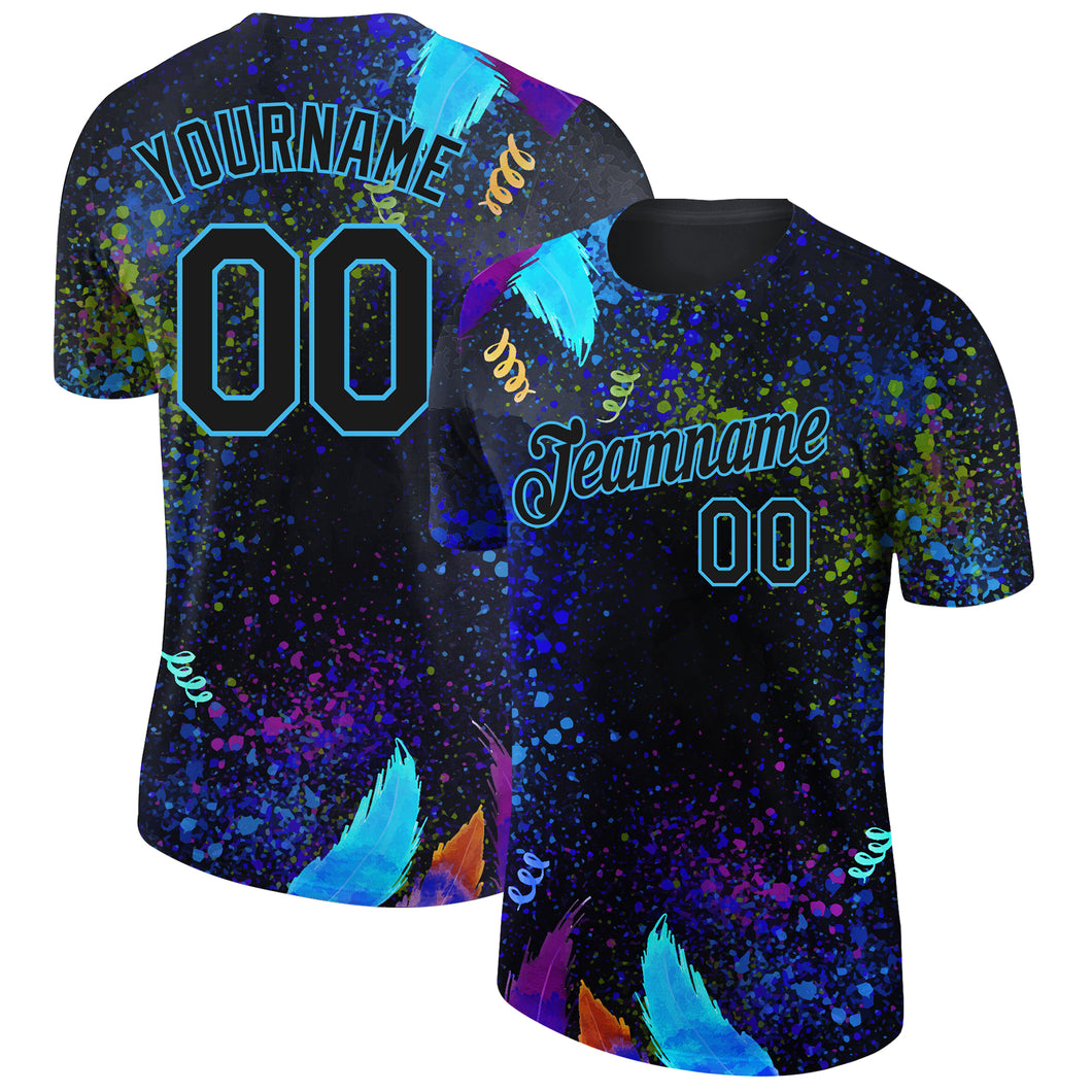 Custom Black Sky Blue 3D Pattern Design Holi Festival Color Powder Performance T-Shirt