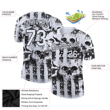 Custom White Black 3D Skull And American Flag Performance T-Shirt