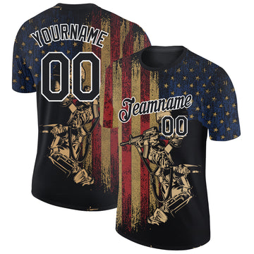 Custom Black White 3D Soldier And American Flag Performance T-Shirt