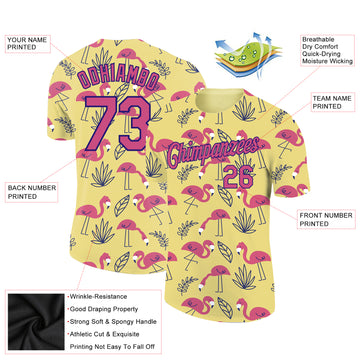 Custom Yellow Pink-Purple 3D Pattern Design Tropical Hawaii Flamingo Performance T-Shirt