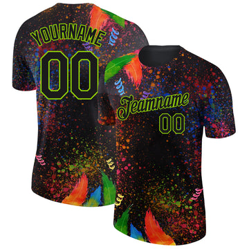 Custom Black Neon Green 3D Pattern Design Holi Festival Color Powder Performance T-Shirt