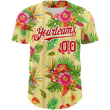 Load image into Gallery viewer, Custom Neon Yellow Red-White 3D Pattern Design Tropical Flower And Hawaii Palm Leaves Authentic Baseball Jersey
