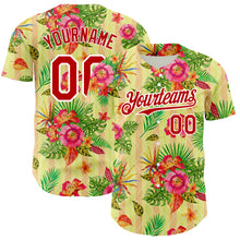 Load image into Gallery viewer, Custom Neon Yellow Red-White 3D Pattern Design Tropical Flower And Hawaii Palm Leaves Authentic Baseball Jersey
