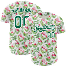 Load image into Gallery viewer, Custom White Kelly Green 3D Pattern Design Tropical Hawaii Palm Leaves And Flamingo Authentic Baseball Jersey
