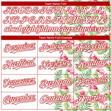 Load image into Gallery viewer, Custom White Red 3D Pattern Design Tropical Hawaii Palm Leaves And Flamingo Authentic Baseball Jersey
