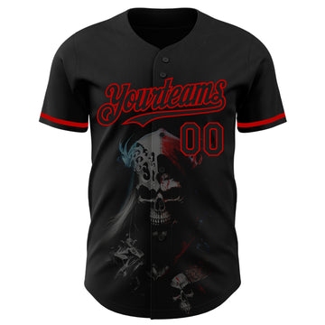 Custom Black Red 3D Skull Fashion Authentic Baseball Jersey