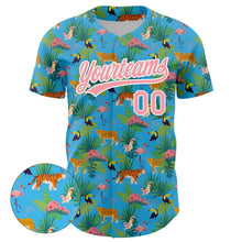Load image into Gallery viewer, Custom Sky Blue Medium Pink-White 3D Pattern Design Animal Tiger Leopard Flamingo And Hawaii Palm Leaves Authentic Baseball Jersey
