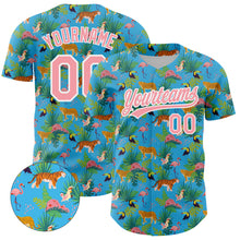 Load image into Gallery viewer, Custom Sky Blue Medium Pink-White 3D Pattern Design Animal Tiger Leopard Flamingo And Hawaii Palm Leaves Authentic Baseball Jersey
