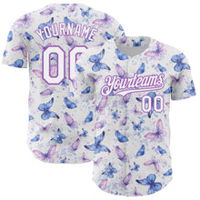 Load image into Gallery viewer, Custom White Medium Purple 3D Pattern Design Animal Butterfly Authentic Baseball Jersey
