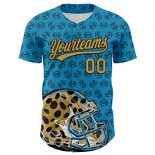 Load image into Gallery viewer, Custom Panther Blue Old Gold-Black 3D Pattern Design Football Jaguar Helmet And Ball Authentic Baseball Jersey
